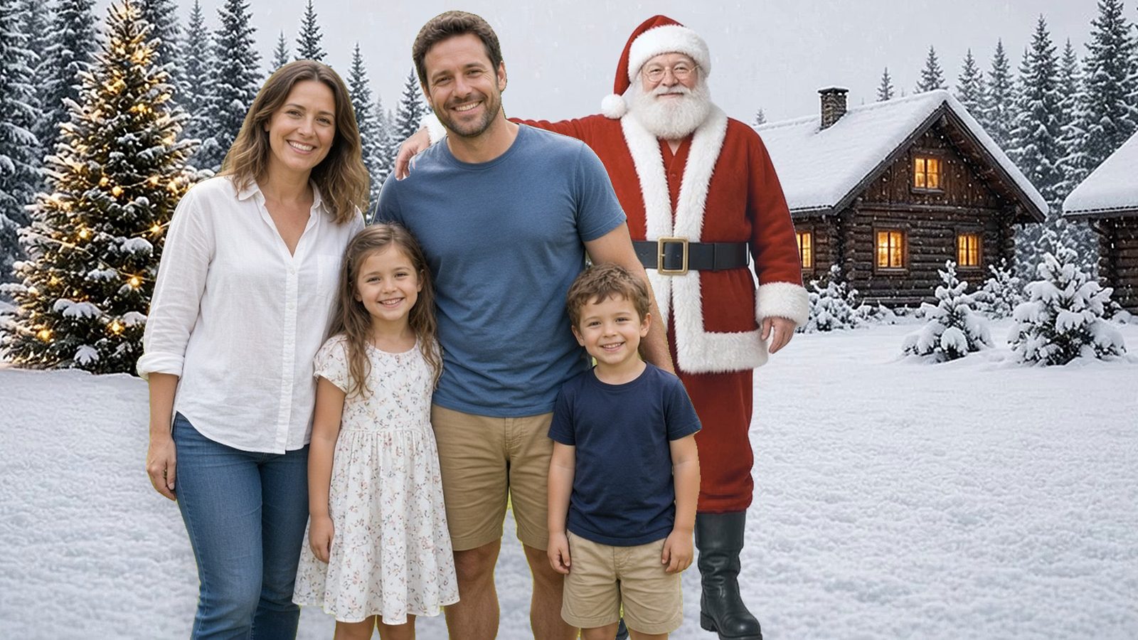 Example: the same AI-made family with Santa in a snowy North Pole Christmas scene