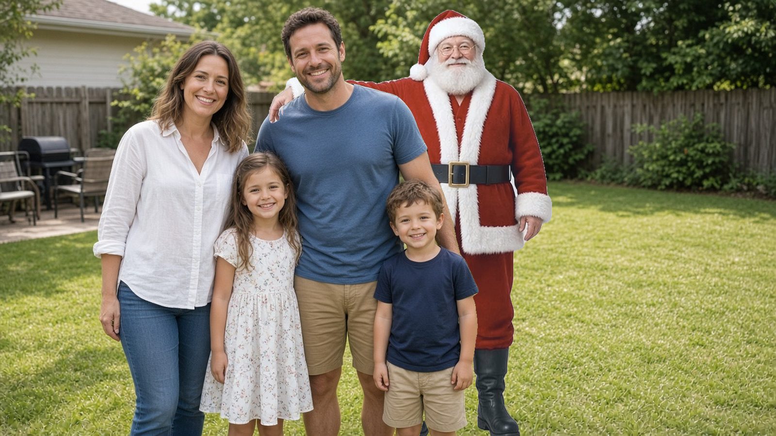 Example: an AI-made family with Santa added in their own backyard