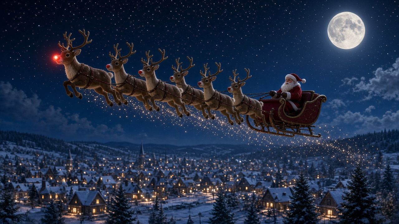 Example: Santa in his sleigh flying over a snowy town at night